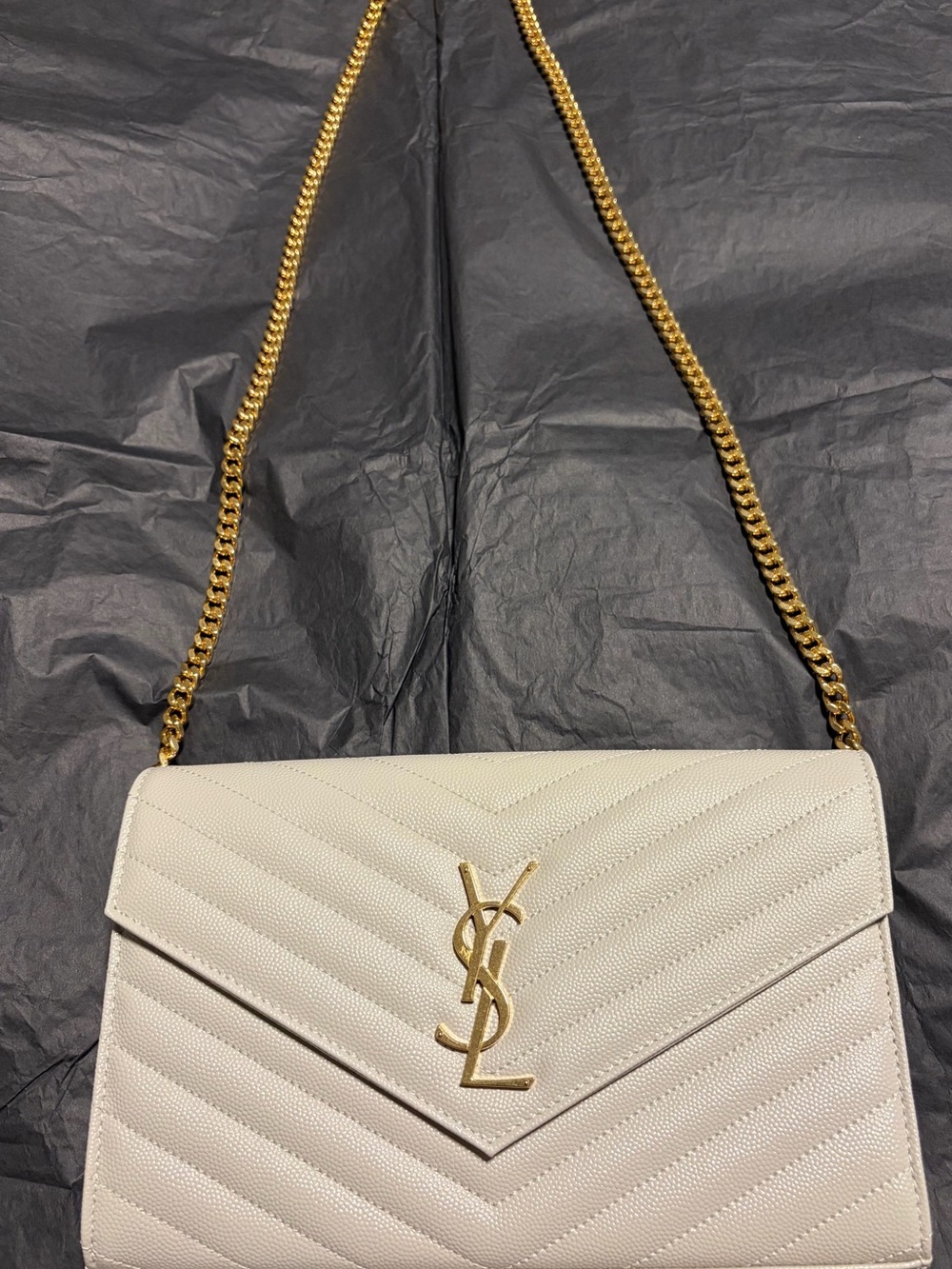 Saint Laurent Cream Quilted Leather Chain Crossbody with Gold YSL - Picture 3 of 4